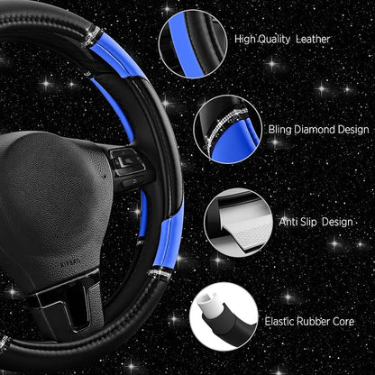 Road Comforts Leather Steering Wheel Cover - Made with PVC Leather - Anti-Slip, Universal Fit 14 1/2 inches to 15 inches - Blue