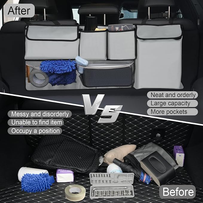 UYYE Trunk Hanging Organizer, Backseat Storage Bag, Collapsible Car Interior Accessories with 4 Pockets & 2 Mesh Pouches for Tools, Provide More Storage Trunk Space for SUV, Jeep, MPVs (Light Grey)