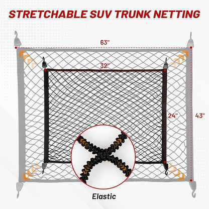 RED WOLF Elastic Cargo Net for SUV Rear Trunk Bed Netting Cover Net Stretchable Mesh Organizer 32" x 24" Stretch to 63"x43" with Fixing Hooks D-Rings Luggage Cover
