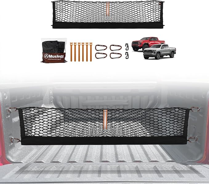 Muslogy Truck Bed Cargo Net Trunk Netting Compatible with Chevrolet Colorado & GMC Canyon 2026 2025 2024 2023 Accessories, Pickup Cargo Organizer SUV Sedan Storage Net w/Heavy Duty Carabiners