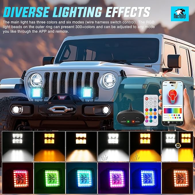 Nilight LED Pods 3 Inch 18W Cube Flood Offroad Work Light with RGB Halo Strip Multi Chasing Flash Strobe Mode APP & Remote Control IP67 Waterproof for Truck Pickup Golf Cart SUV ATV UTV 4x4 Van Camper