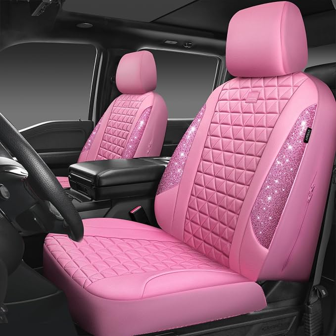CAR PASS Bling Diamond Pink Leather Car Seat Covers Full Sets Interior Sets, Waterproof Shining Glitter Sparkly Crystal Universal Armrest Fit for Automotive Truck SUV Cute Women Girl, Pink Rhinestone