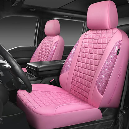 CAR PASS Bling Diamond Pink Leather Car Seat Covers Full Sets Interior Sets, Waterproof Shining Glitter Sparkly Crystal Universal Armrest Fit for Automotive Truck SUV Cute Women Girl, Pink Rhinestone