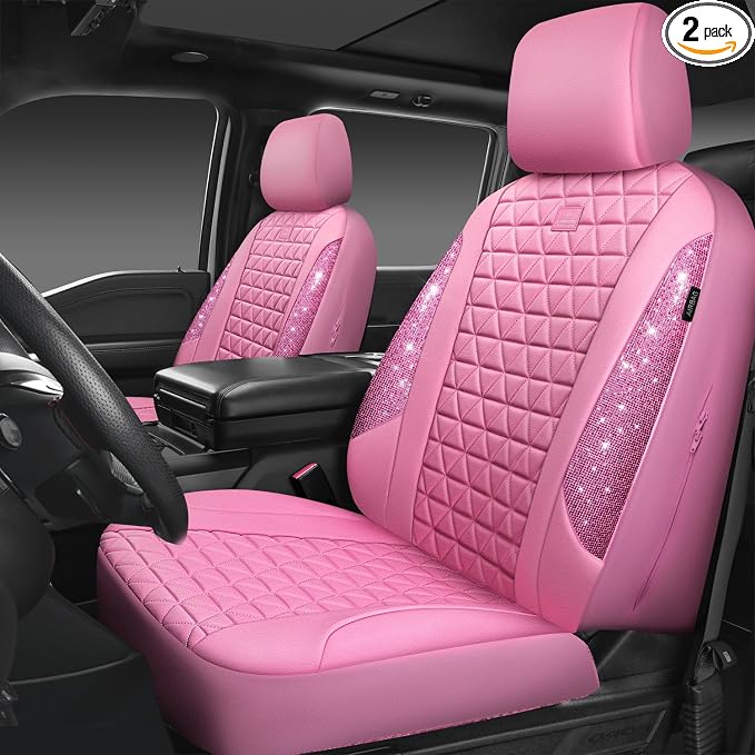 CAR PASS Bling Diamond Pink Leather Car Seat Covers for 2 Front Seats Protector, Waterproof Shining Glitter Sparkly Crystal Universal Armrest Fit Automotive Truck SUV Cute Women Girl, Pink Rhinestone
