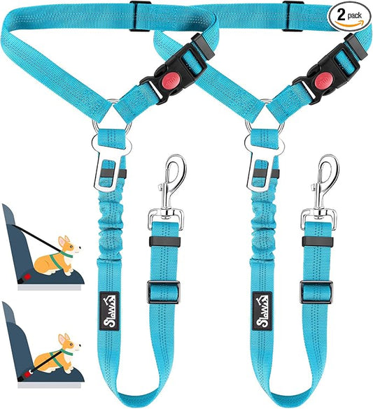 Lukovee Dog Car Seat Belt, 2 Pack Headrest Restraint Seatbelt, Adjustable Pet Safety Leads with Reflective Elastic Bungee for Dog Harness Collar Travel Daily Use (Tiffany Blue,Headrest+Clip)