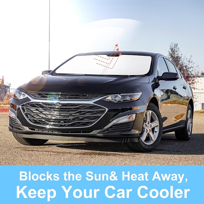 TINGLU Sun Shade for Chevrolet/Chevy Malibu 2016-2025 2026 Accessories Windshield Sun Shade Window Shade UV Rays Protection Sun Visor Cover with Steering Wheel Sunshade Storage Bag
