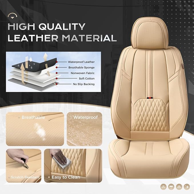 Coverado Car Seat Covers, Front Seat Covers with Lumbar Support, Beige Leather Seat Cover for Cars, Waterproof Car Seat Protector, Automotive Seat Cover Car Seat Cushion Universal Fit for Most Cars