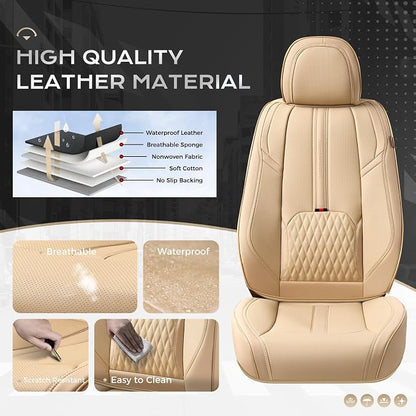 Coverado Car Seat Covers, Front Seat Covers with Lumbar Support, Beige Leather Seat Cover for Cars, Waterproof Car Seat Protector, Automotive Seat Cover Car Seat Cushion Universal Fit for Most Cars