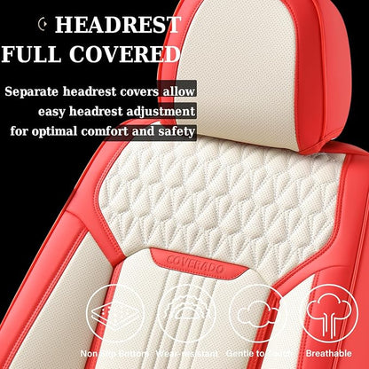 Coverado Car Seat Covers Full Set, Front and Rear Seat Covers, 5 Seats Leather Seat Covers for Cars, Waterproof Car Seat Protectors, Automotive Seat Cushions, Universal Fit for Most Cars, Red&White