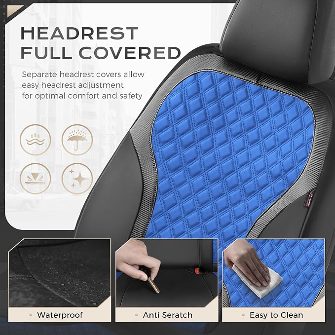 Coverado Automotive Seat Covers, Front Leather Car Protectors 2-Pack, Spill-Proof Seamless Car Seat Cushion, Black&Blue Car Seat Cover, Driver Seat Covers Universal Fit for SUV, Truck, Sedan