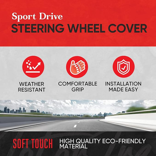 Motor Trend GripDrive Faux Black Leather Steering Wheel Cover for Car Truck Van SUV, Standard 15 inch Size, Beige Accent Stitched Car Steering Wheel Cover Vehicle & Auto Accessories