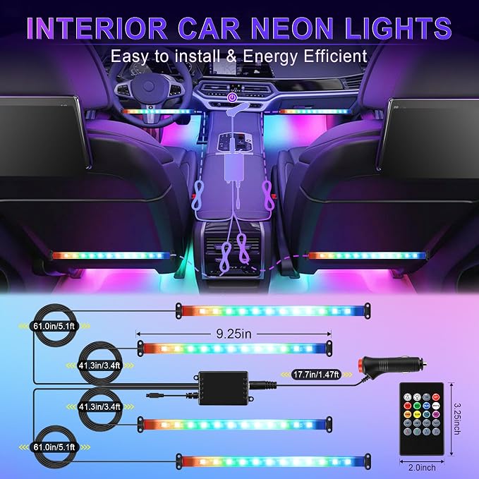 LivTee Interior Car LED Lights, Smart RGB Ambient Lighting with App & Remote Control, Music Sync & DIY Modes, 4-Line Design LED Strip Lights, 12V Cigarette Lighter Powered, Car Accessories for Women