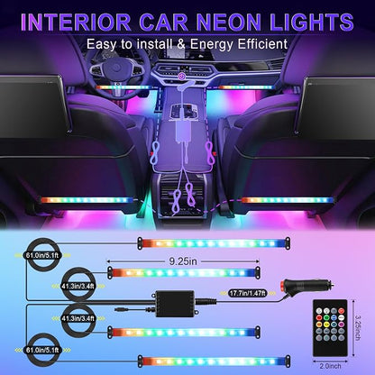 LivTee Interior Car LED Lights, Smart RGB Ambient Lighting with App & Remote Control, Music Sync & DIY Modes, 4-Line Design LED Strip Lights, 12V Cigarette Lighter Powered, Car Accessories for Women