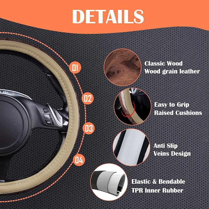 CAR PASS Wood Grain 14.5-15 inch Microfiber Leather Steering Wheel Cover, Anti-Slip Veins Design Steering Wheel Universal Fit for Most Cars, Sedans, SUV， Beige