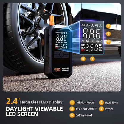 Portable 10-in-1 Car Battery Jump Starter with Air Compressor 6000A 160PSI Portable Car Jumper Starter (All Gas 12L Diesel), 12V Jump Box Car Battery Jump Starter Portable Jumper Cables, Lights