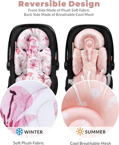 TinlyFinly Newborn Car Seat Insert, Head and Body Support, Reversible Infant Insert Compatible with Baby Carseat, Stroller, Mamaroo Swing, Rocker, Bouncer. Baby Car Seat Cushion - Pink Floral