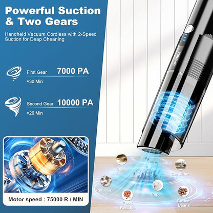 Handheld Vacuum Cordless,10KPA Powerful Suction Car Vacuum with 2-Speed, Vacuum Cleaner with Charging Dock, Portable Lightweight 4-in-1 Mini Hand Held Vacuum for Car Home Pet Office and Pet Hair