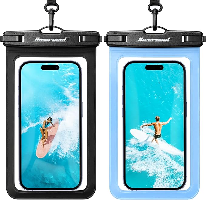 Hiearcool Waterproof Phone Pouch, Waterproof Beach Bag Compatible for iPhone 17 16 15 14 13 Pro Max, IPX8 Cellphone Travel Essentials for Beach -Black & Sky Blue-2Pack