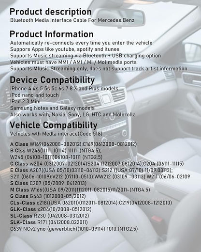 Bluetooth Audio Adapter for Mercedes-Benz, Wireless Music Receiver Connect to OEM Media Interface & AUX Port, HiFi Sound Compatible with iPhone & Android Smartphones