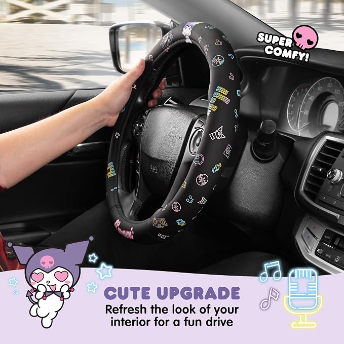 Sanrio Hello Kitty and Friends Kuromi Black Car Steering Wheel Cover, Universal Fit Cute Accessories for Women Stylish Decor Gifts Hello Kitty Accessories - Fits Standard Wheels 14.5"-15"