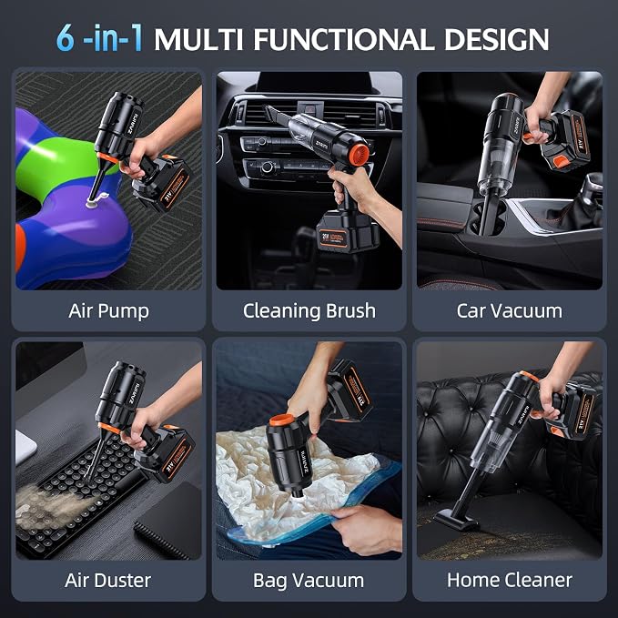Car Vacuum Portable Cordless, 50000Pa High Power Rechargeable Dust Buster with 2 Batteries & Charger, 6-in-1 Handheld Vacuum Cleaners for Home, Car, Pet Hair, Keyboard, Graphite Black