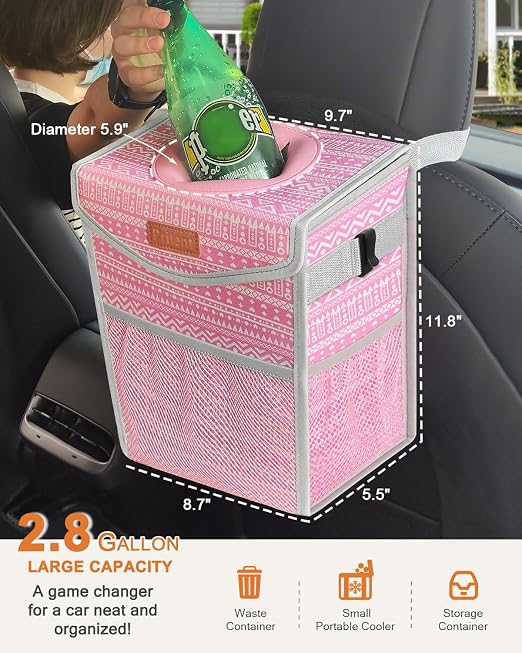 Pritent Car Trash Can with Lid, Cute Leakproof Car Trash Garbage Bag Hanging Vehicle Trash Bin Small Portable Automotive Garbage Cans Organizer for Back/Front Seat/Console(2.8 Gallons,Pink Print)
