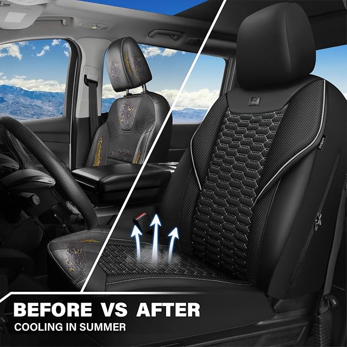 CAR PASS 3D Foam Mesh Leather Car Seat Covers Front Seats, Air Cool Mesh Front Seat Covers for Car, Universal Fit for SUV Truck Sedan Automotive, Armrest Airbag Compatible, Black and Gray