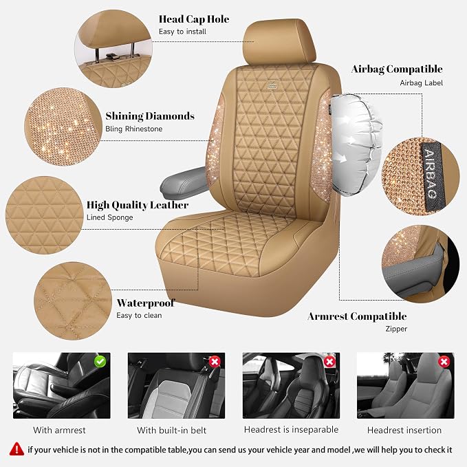 CAR PASS Bling Diamond Beige Leather Car Seat Covers Full Sets Interior Set, Waterproof Shining Glitter Sparkly Crystal Universal Armrest Fit for Automotive Truck SUV Cute Women Girl, Beige Rhinestone