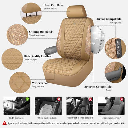 CAR PASS Bling Diamond Beige Leather Car Seat Covers Full Sets Interior Set, Waterproof Shining Glitter Sparkly Crystal Universal Armrest Fit for Automotive Truck SUV Cute Women Girl, Beige Rhinestone