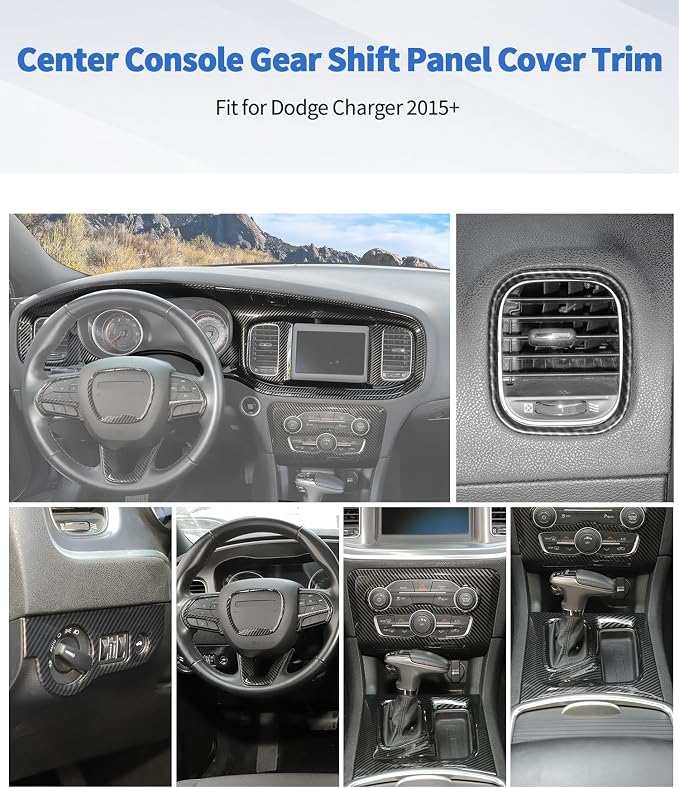 for Dodge Charger 2015+ Central Control Interior Cover Trim Kit, 12pcs Carbon Fiber Central Control Dash & Gear Shift Panel Decor Cover Trim Set Interior Accessories