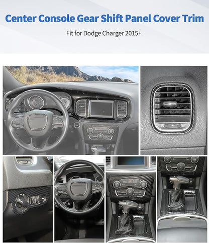 for Dodge Charger 2015+ Central Control Interior Cover Trim Kit, 12pcs Carbon Fiber Central Control Dash & Gear Shift Panel Decor Cover Trim Set Interior Accessories