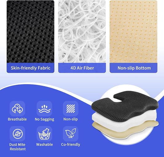 Gooo&Ma Car Seat Cushion & Office Chair Pad - Air Fiber Breathable U-Shape Cooling Cushion for Tailbone Comfort, Driving, Desk & Gaming, Ergonomic Washable Seat Pad with Non-Slip Base(Black)