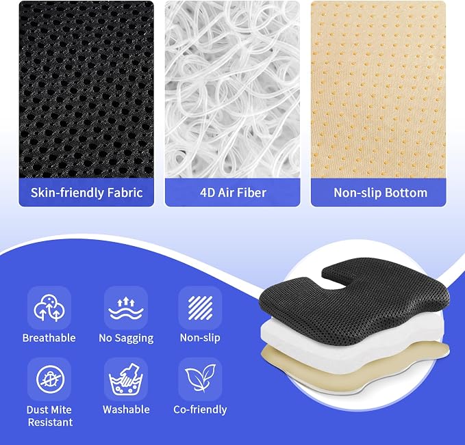 Gooo&Ma Car Seat Cushion & Office Chair Pad - Air Fiber Breathable U-Shape Cooling Cushion for Tailbone Comfort, Driving, Desk & Gaming, Ergonomic Washable Seat Pad with Non-Slip Base(Black)