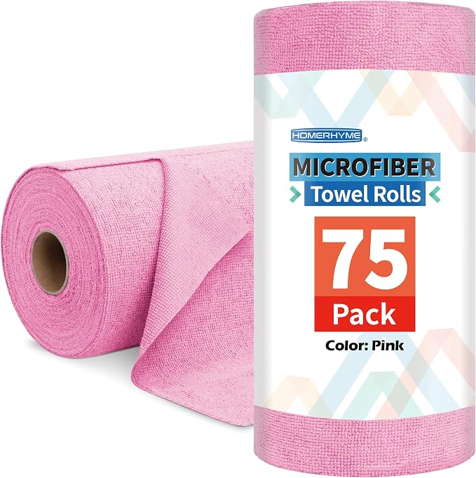 Microfiber Cleaning Cloth Roll, 75 Pack Tear Away Microfiber Towel, Reusable Washable Shop Towels, Lint Free Cleaning Rags for Car Home Kitchen Garage & Automotive 11.5"x11.5" Pink
