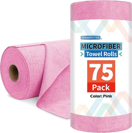 Microfiber Cleaning Cloth Roll, 75 Pack Tear Away Microfiber Towel, Reusable Washable Shop Towels, Lint Free Cleaning Rags for Car Home Kitchen Garage & Automotive 11.5"x11.5" Pink