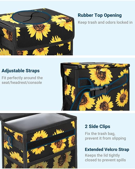 Capolo Car Trash Can with Lid, Leakproof Car Trash Bag Hanging Waterproof Automotive Garbage Can with Storage Pockets Mini Vehicle Trash Bin for Back/Front Seat(Sunflower,2.5 Gallon)