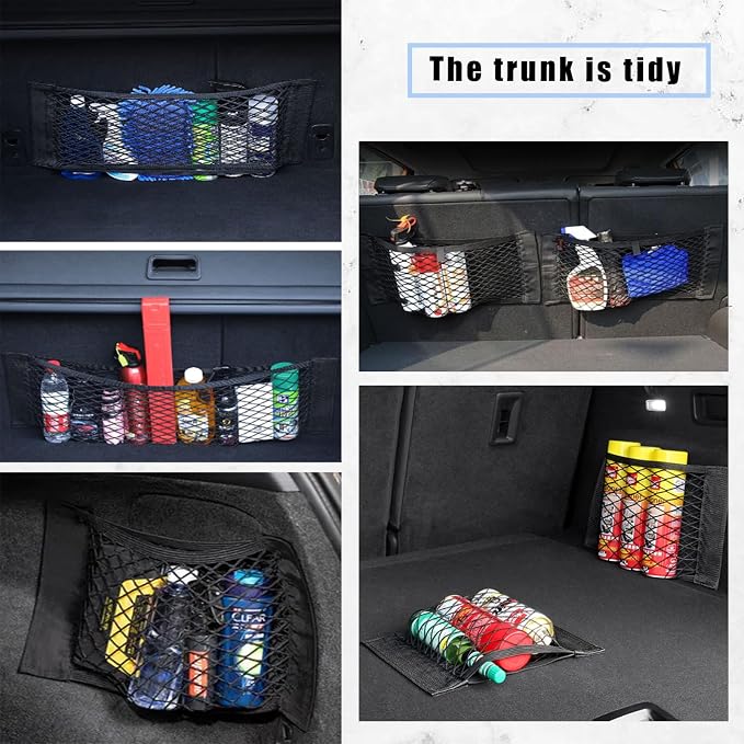 2PCS Universal Car Cargo Net with Adhesive Tape, 9.8×15.7in Trunk Storage Mesh Pocket Wall Mount Organizer Bag for Car RV SUV Boat Truck Camper Van Trailer (Black)