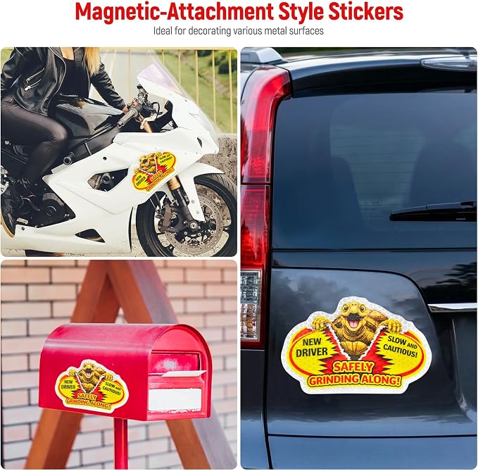 3 Pcs Reflective Student Driver Magnet and Stickers Set - Funny Animal New Driver Safety Signs for Car, Waterproof & Weatherproof High Visibility Vehicle Bumper Decals, Magnet + Stickers (Turtle)