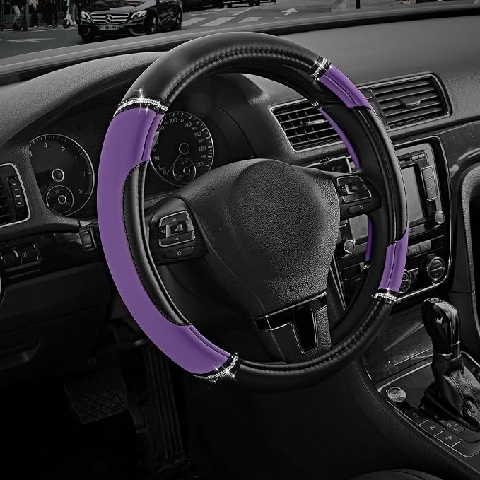 Road Comforts Leather Steering Wheel Cover - Made with PVC Leather - Anti-Slip, Universal Fit 14 1/2 inches to 15 1/2 inches - Purple