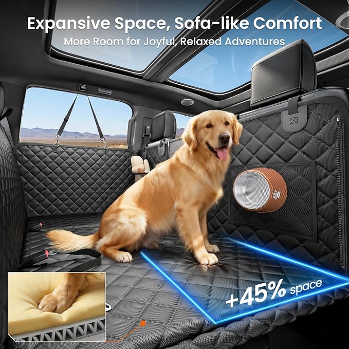 REEVAA 2.0 Hard Bottom Back Seat Extender for Heavy-Duty Dogs, Dog Truck Seat Cover with Cushion Sponge, Waterproof Dog Hammock with Mesh Window for Car, Universal Fit for Crew Cab Truck/SUV, XL Black