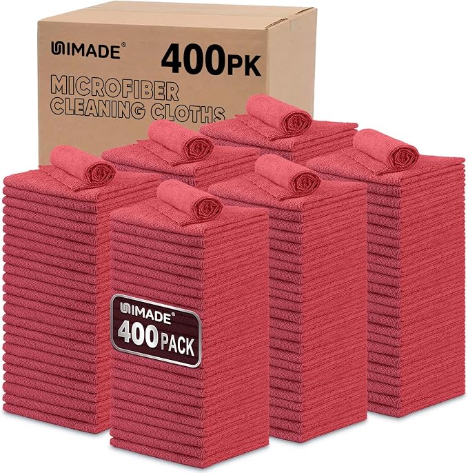 UNIMADE Shop Towels, 400 Pack Commercial Grade Work Rags Microfiber Towels for Cars Cleaning Rag Bulk Detailing Cloth for Automotive Bar Mechanic Restaurant Garage Housekeeping, 11.5"x 11.5", Red