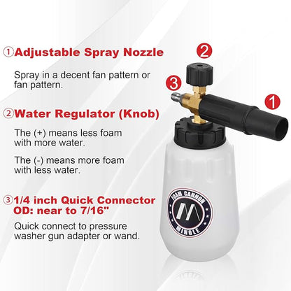 M MINGLE Foam Cannon Dual Connector Accessory for Pressure Washer Kit, Compatible with Portland Husky and Ryobi Pressure Washer, with 5 Nozzle Tips, 1/4 Inch Quick Connector