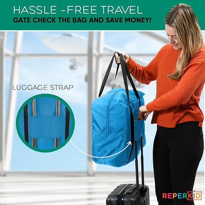 Reperkid Booster Seat Travel Bag for Airplane, Blue, 17" H x 16.5" W x 9.5" D, Compatible with Gb Pockit Stroller and Most Boosters– Premium Waterproof Cover, Hand Bag Design, Durable Zipper