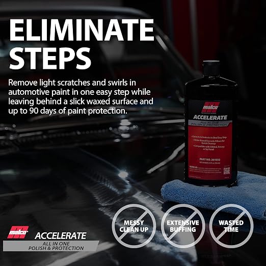 Malco Accelerate All-in-One Polish & Protection - One-Step Car Polishing Compound Designed to Remove Light to Medium Paint Defects/Deep Glossy Finish with 90-Day Protection (261032)