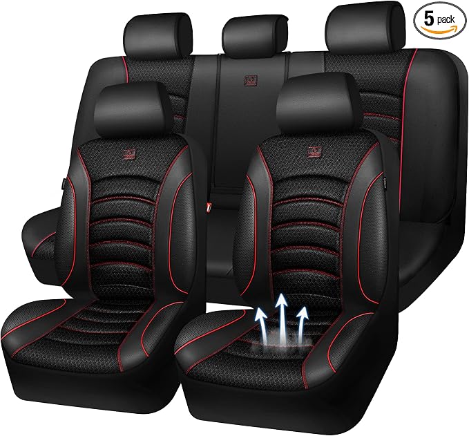 CAR PASS Comfortable 3D Foam Mesh Leather Car Seat Covers Full Sets, Air Cool Mesh Breathable Seat Covers for Car, Universal 5 Seats Fit for SUV Truck Sedan Automotive, Airbag Compatible,Black Red