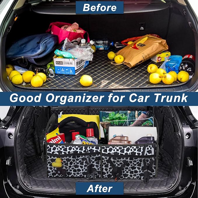 Deosk Trunk Organziers and Storage with Reinforced Handles,Car Accessories for Women/Men 50L Waterproof Polyester Trunk Organzier for Car/SUV/Minivan/Truck(Medium, Cow print)