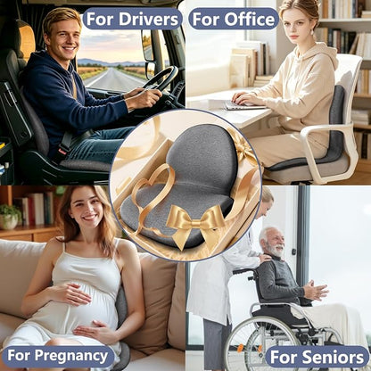 Car Seat Cushion with Lumbar Support Pillow - Memory Foam Driver Seat Cushion for Back & Sciatica Pain Relief, Washable Cover, Non-Slip Bottom for Long Driving, Office Chair & Truck (Grey)