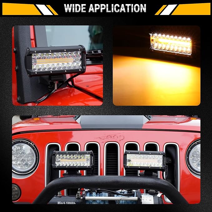 Auxbeam 7 Inch LED Light Bar, 300W 6 Modes Amber White Offroad Lighting, LED Driving Spot Work Light Pod with Wiring Harness for Trucks Car Pickup ATV Jeep Boat Golf Cart(Pack of 2)