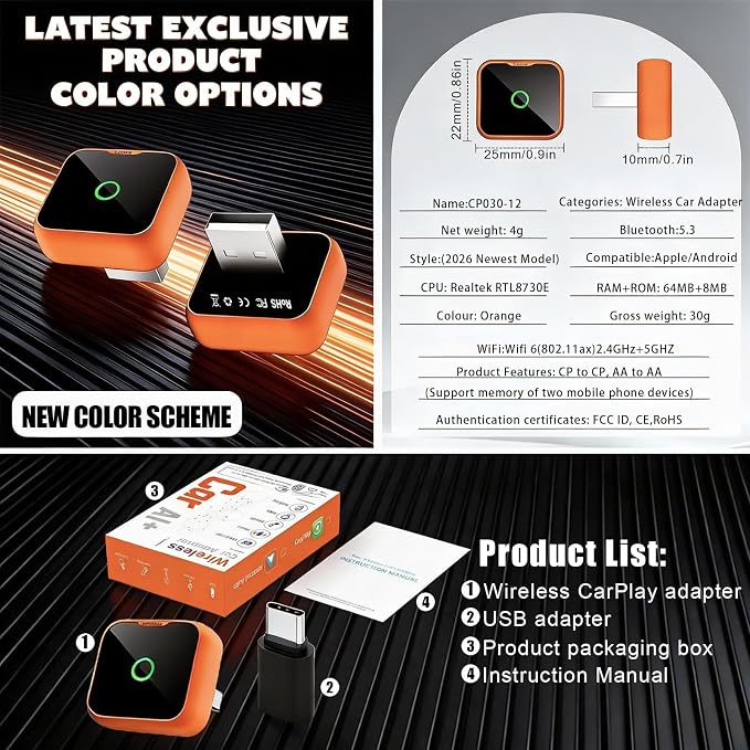 2-in-1 Wireless CarPlay Adapter for iPhone & Android Auto, Mini Wired to Wireless Dongle, Plug & Play, Stable Connection, iOS 10+/Android 11+, Lifetime OTA Updates (Not for BMW/Tesla)