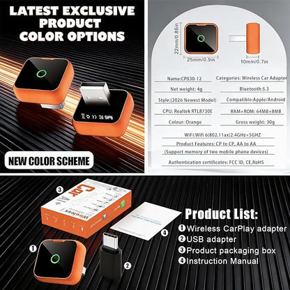 2-in-1 Wireless CarPlay Adapter for iPhone & Android Auto, Mini Wired to Wireless Dongle, Plug & Play, Stable Connection, iOS 10+/Android 11+, Lifetime OTA Updates (Not for BMW/Tesla)